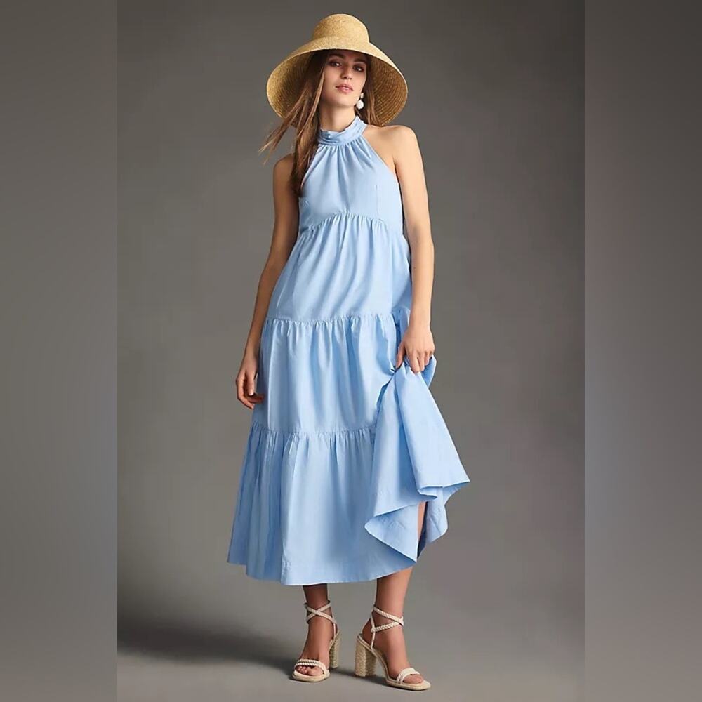 Maeve By Anthropologie Tiered Halter Midi Dress Light Blue Size 14 - Picture 1 of 11